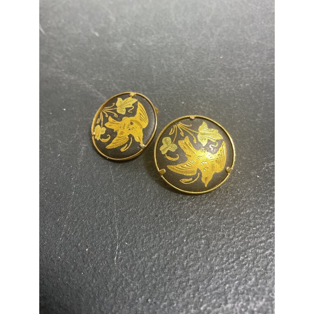 Vintage Gold Black Clip-On Earrings With Bird & Floral Design